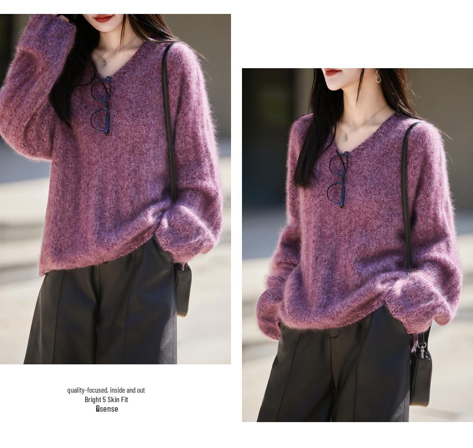 2026 V-neck Brushed Yarn Cashmere Women's Sweater Coat with Fur Trim