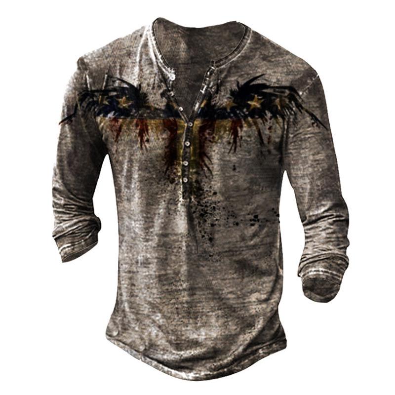 Evropské a americké slim fit plus size tičko bez límečku s potiskem, ležérní s dlouhým rukávem