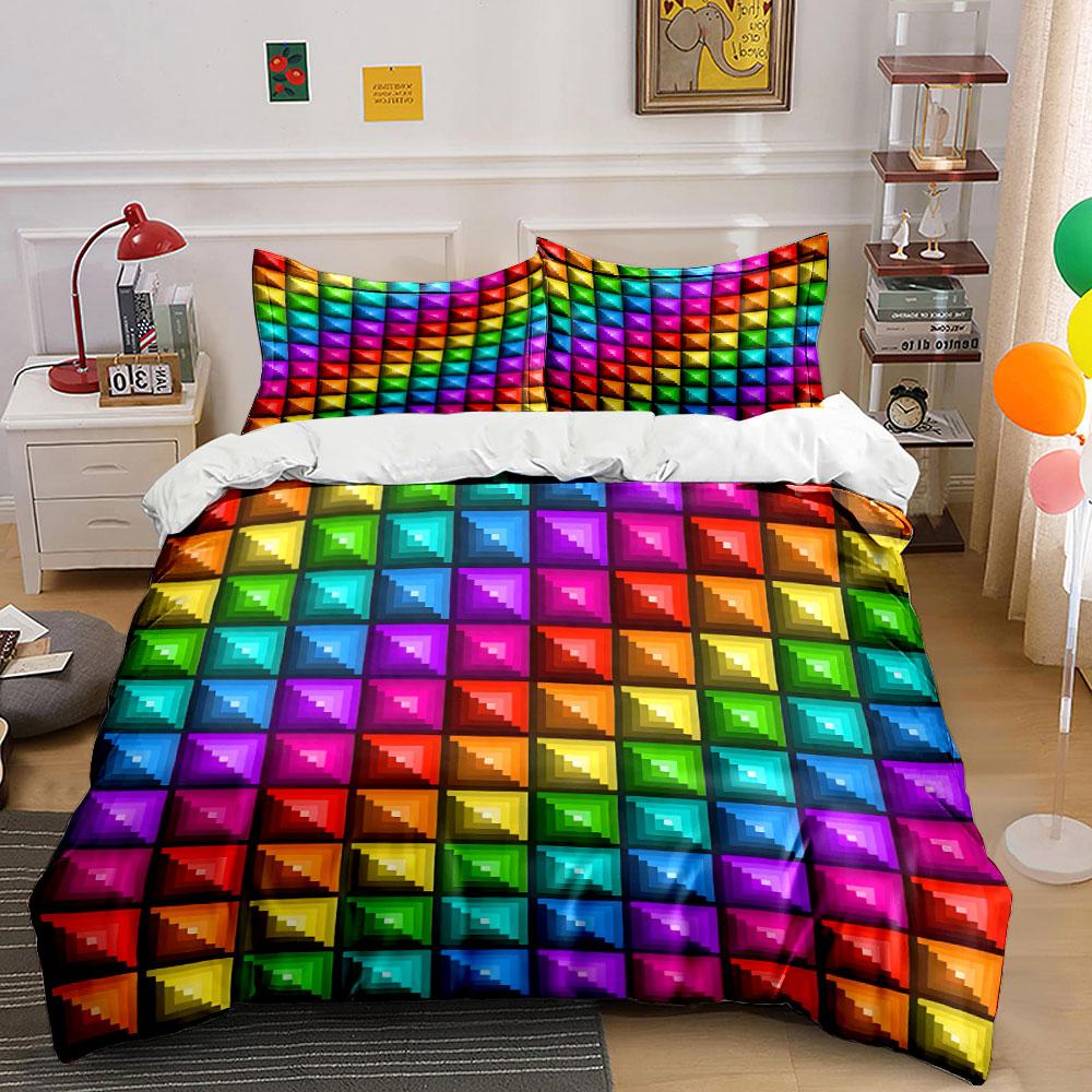 Pixel Art Rainbow Squares Pattern Bedding Duvet Cover Set (1*Duvet Cover 2*Pillowcases, Without Duvet Insert)
