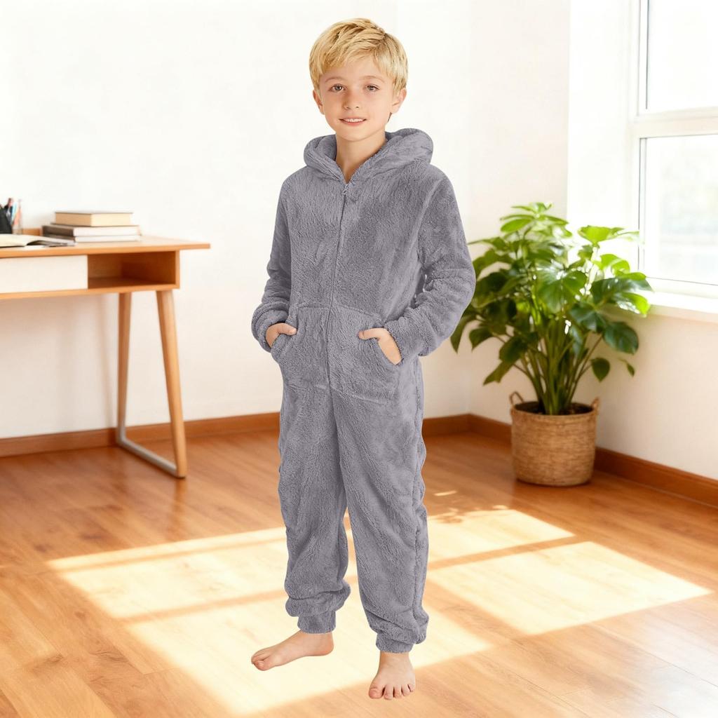 Kinder Mode Einfarbiges Fleece Kapuzen-Onesie Haus Schlafanzug Body