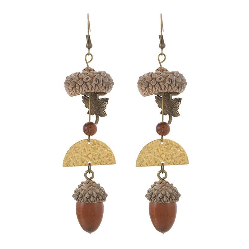 Retro natural plant earrings handmade creative niche acorn fruit long fringed design women's earrings
