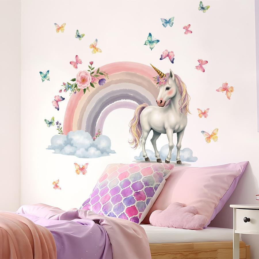 Dreamy Unicorn Rainbow Wall Stickers, Pink Tone Fairy Tale Scene with Colorful Butterflies, Girly Self-Adhesive Decor for Room Decoration