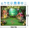 2D Whimsical Green Forest Mushroom Cottage Backdrop for Children Photoshoot