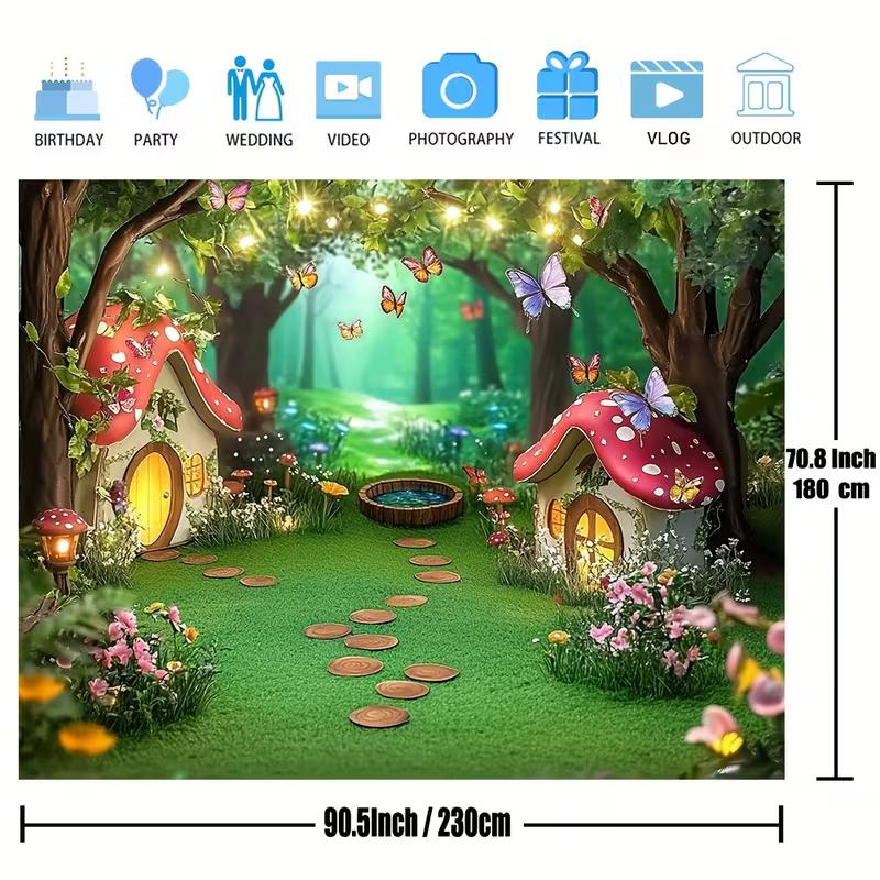 2D Whimsical Green Forest Mushroom Cottage Backdrop for Children Photoshoot