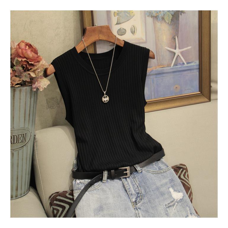 Summer Round Neck Undershirt Women Wide Straps Thin Inner Sleeveless Knitted Solid Color Outer Tops Polyester Vest