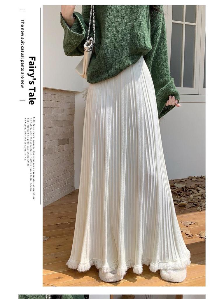 Höst/Vinter Tofsstickad Veckad A-linje Midi-kjol: Figursmickrande och höfttäckande