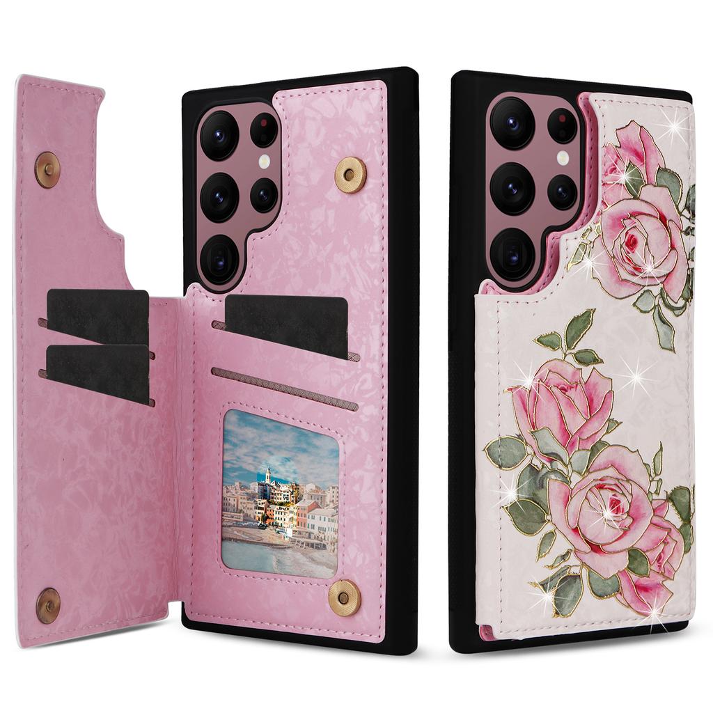 For Samsung Galaxy S22 Ultra 5G Phone Case Kickstand Flower Leather Coated TPU Cover