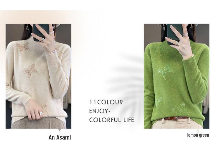 2024 Women's Seamless Half-High Collar Slimming Sweater with Rhinestone Butterfly Design