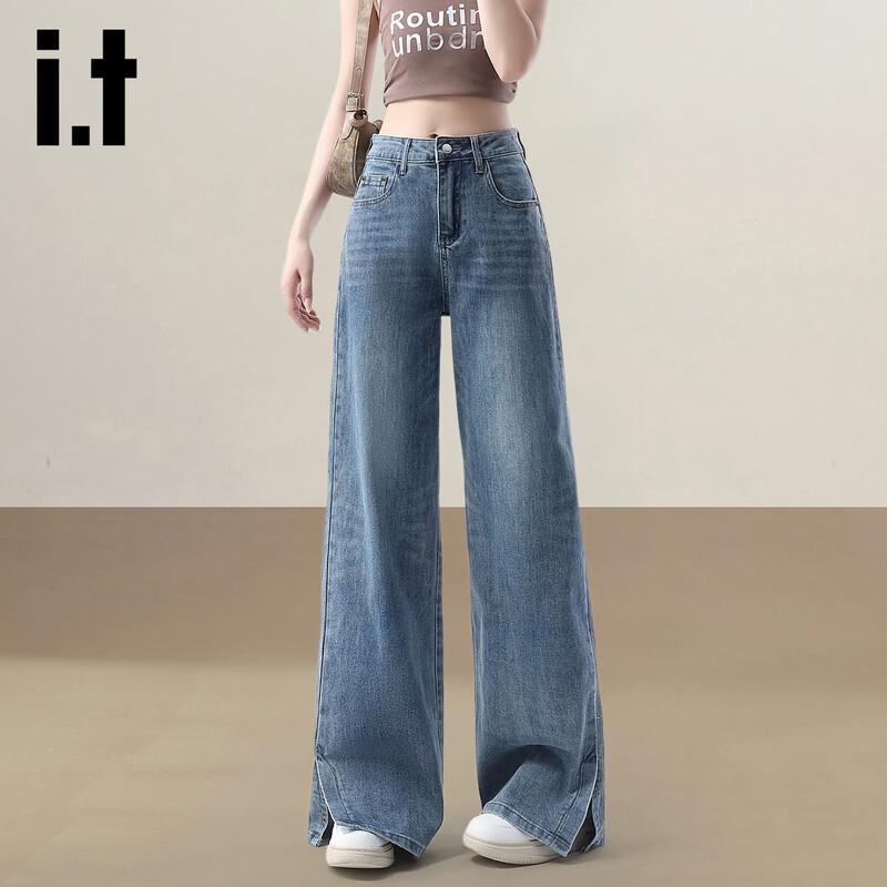 Izzue It Women's High-Waist Split Hem Vintage Wash Wide-Leg Jeans