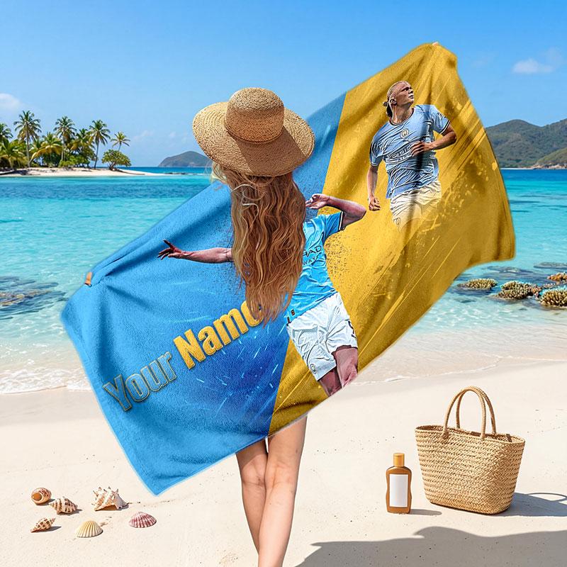 Erling Haaland Custom Beach Towel, Personalized Name Text Print, Football Logo Soft Quick‑Dry Towel Holiday Gift