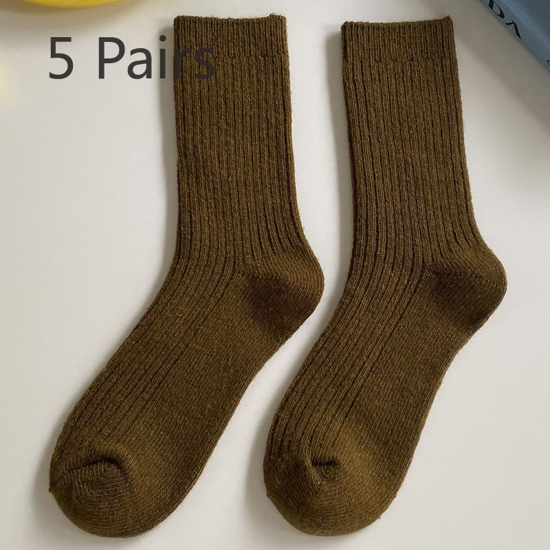 5 Pairs of Women Autumn and Winter New Solid Color Wool Retro Warm Tube Stack Socks