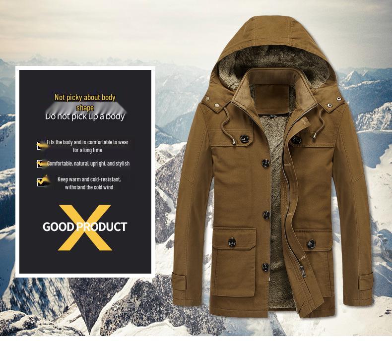 Men's Cross-Border Casual Fleece-Lined Cotton Jacket - Warm Mid-Length Trench for Autumn/Winter