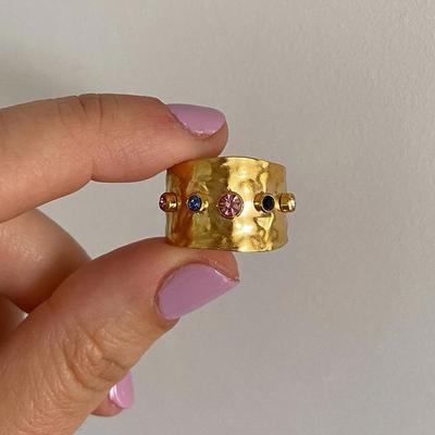 Uworld Colorful Cubic Zircon CZ Stone Crystal Wide Band Jewelry Women Stainless Steel Waterproof 18K Gold Plated Statement Rings