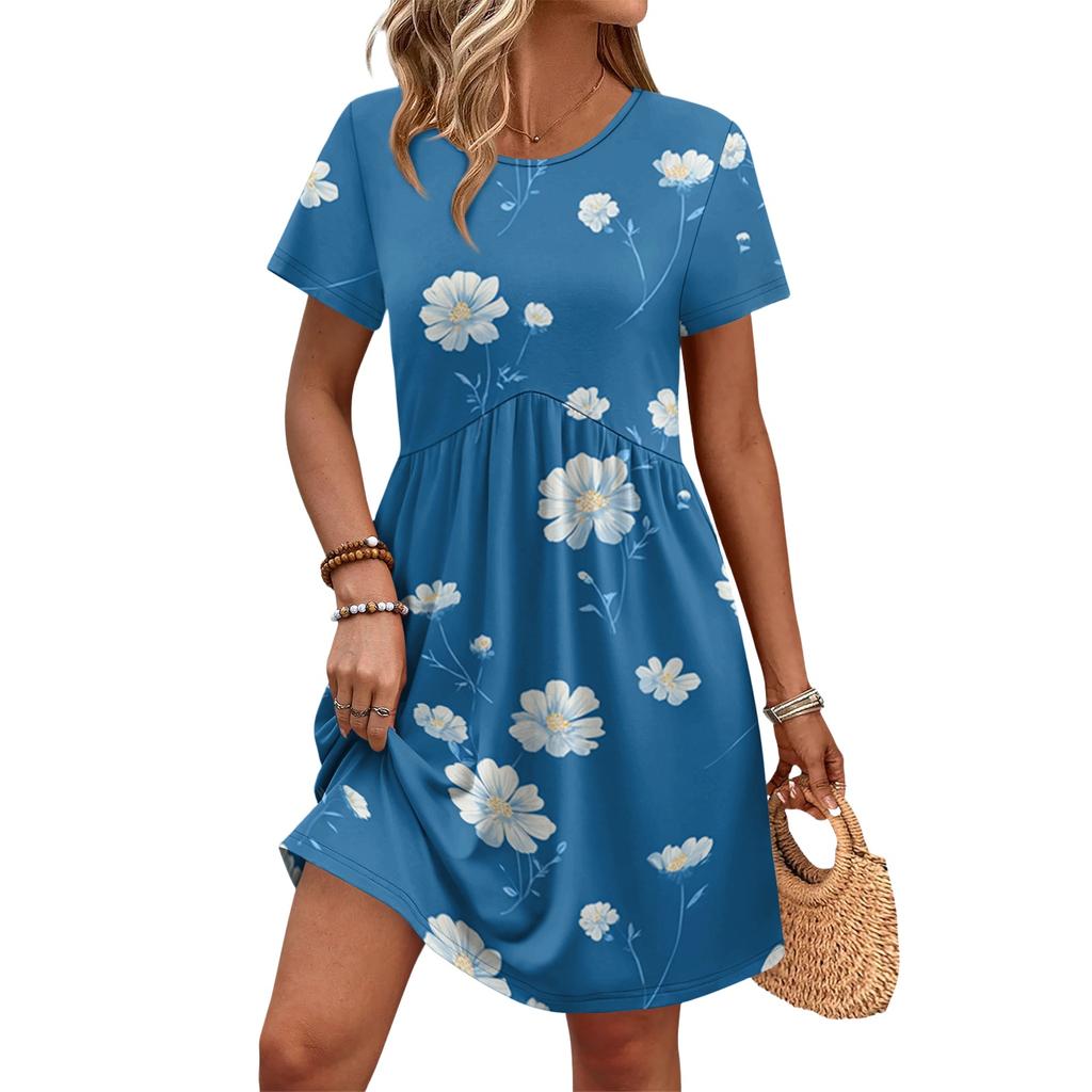 Women Short Sleeve Floral Print Dress Casual Round Neck Waist Tie Pocket Summer Loose Fit Mini Dress