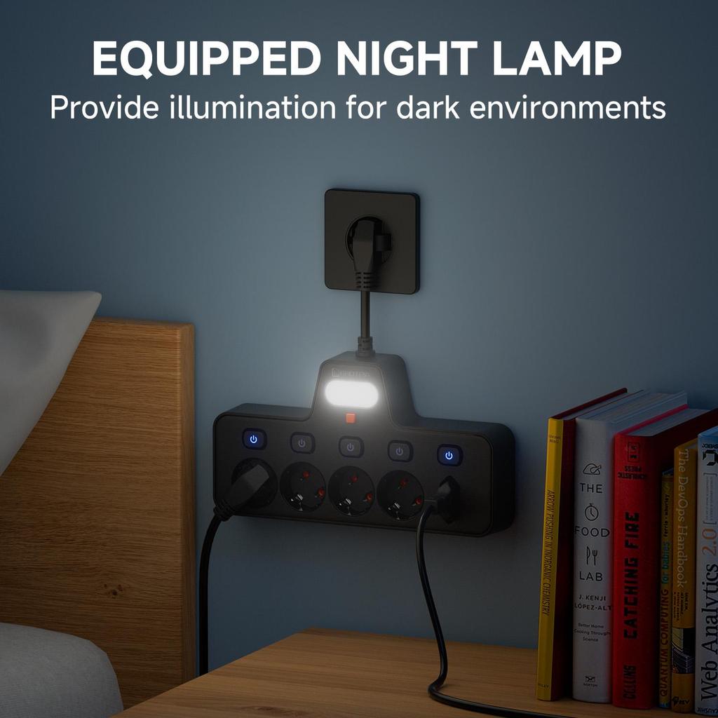 European standard multi socket lighting power socket, made of PC fire-resistant and flame-retardant material, equipped with small night lights