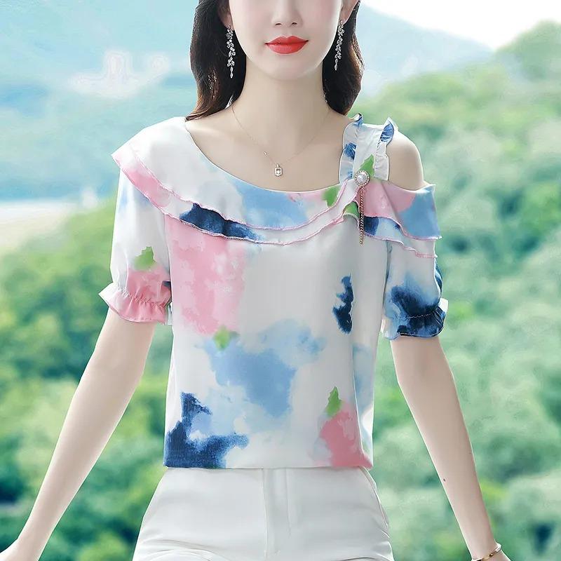 Sommer Neues Koreanisches Stil Chiffon Hemd Kurzärmelige Bluse Bedruckt Mode Locker Blumen Top