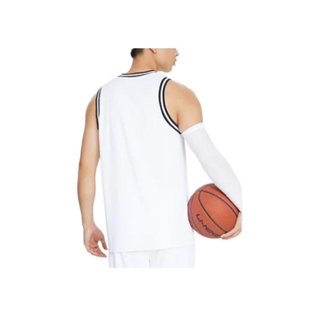 Li Ning Sports Basketball Series Logo Print Striped Round Neck Vest Shorts Set Men Sportswear White AATS003-4