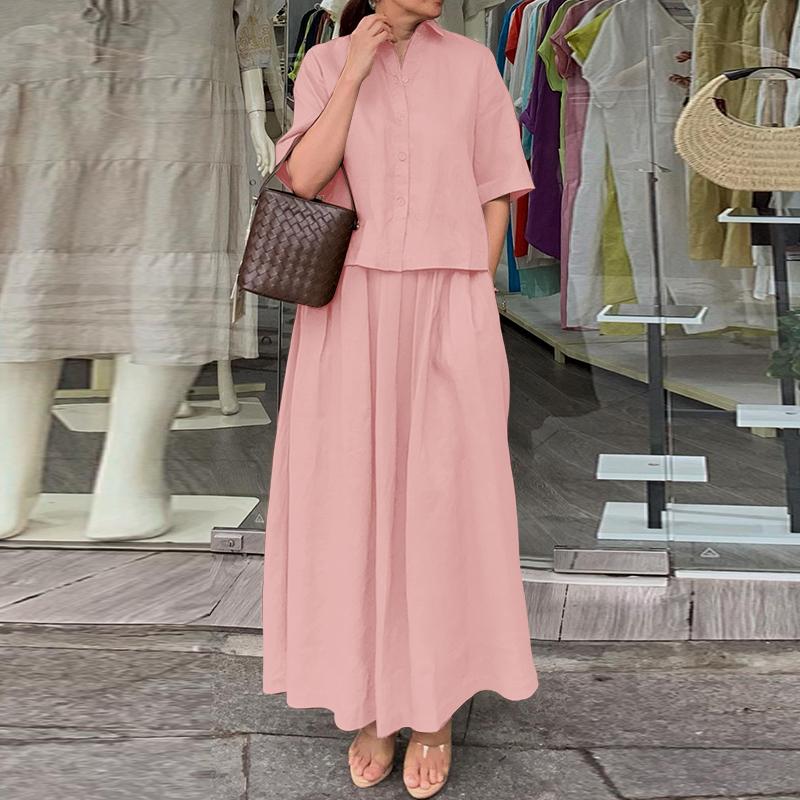 ZANZEA Women Half Sleeve Blouse and Long Skirts Casual Two Piece Suit Sets