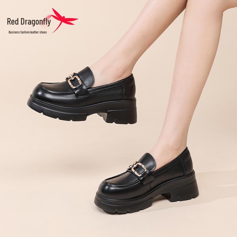 Red Dragonfly Women's Genuine Leather Petite Platform Loafers - Spring British Style