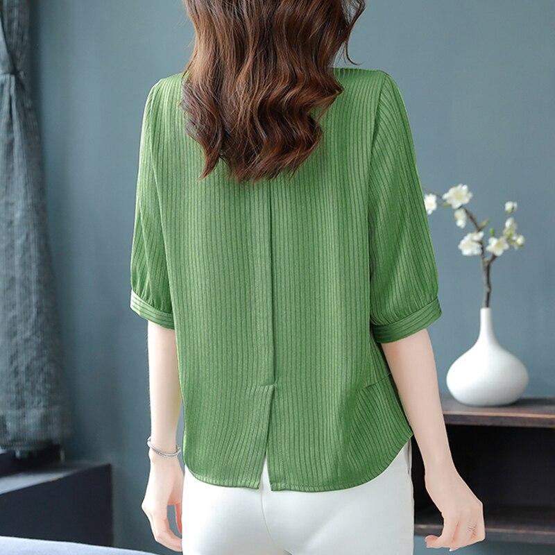 Simple Chiffon Blouse Women Office Lady V Neck Womens Shirts Short Sleeve Summer Tops Loose Female Clothing Blusas 24735