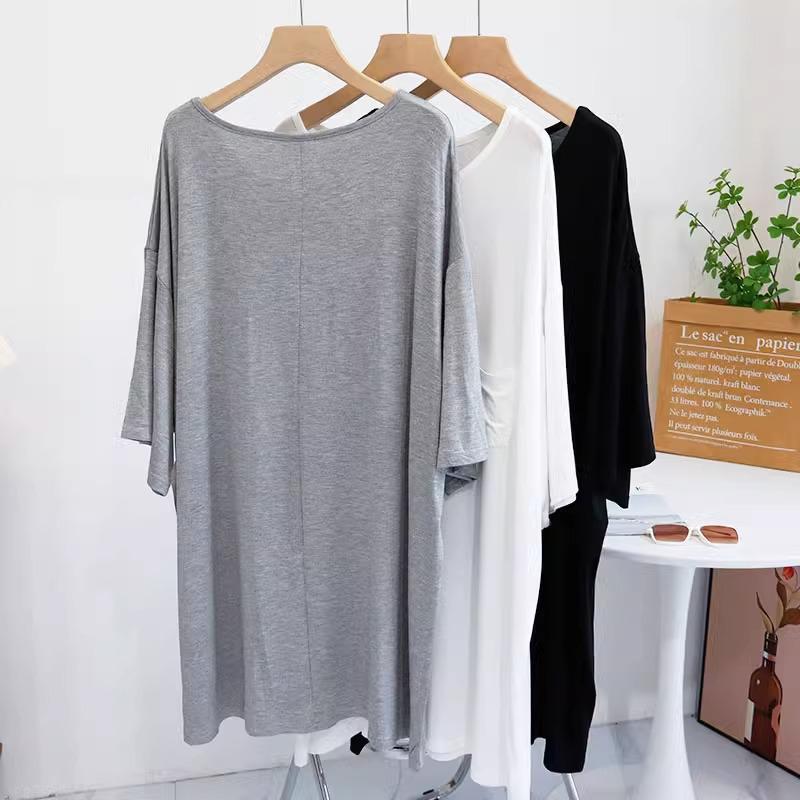 Dámské letní modální šaty plus size: Volný střih, Velký kulatý výstřih, Noční košile střední délky, Mateřský styl