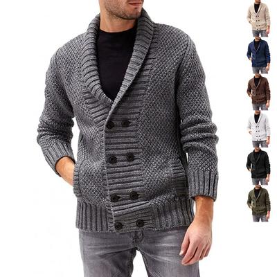 New Sweater Cardigan Men's Solid Polo Neck Double Breasted Long Sleeve Knitted Coat Sweater