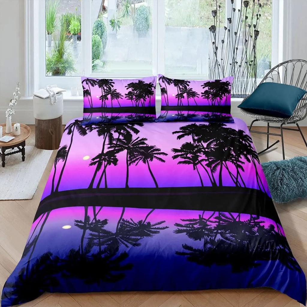 Comforter Tropical Coconut Tree King Queen Surfboard Palm Leaf Bedding Set Summer Ocean Polyester Comforter