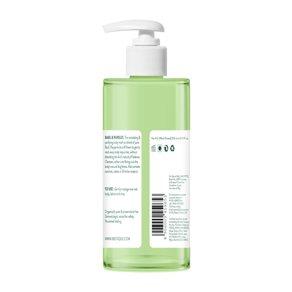 Biotique Basil & Parsley Body Wash 300ml, Revitalizing & Soothing Gel for All Skin Types, Natural Brightening Shower Cleanser