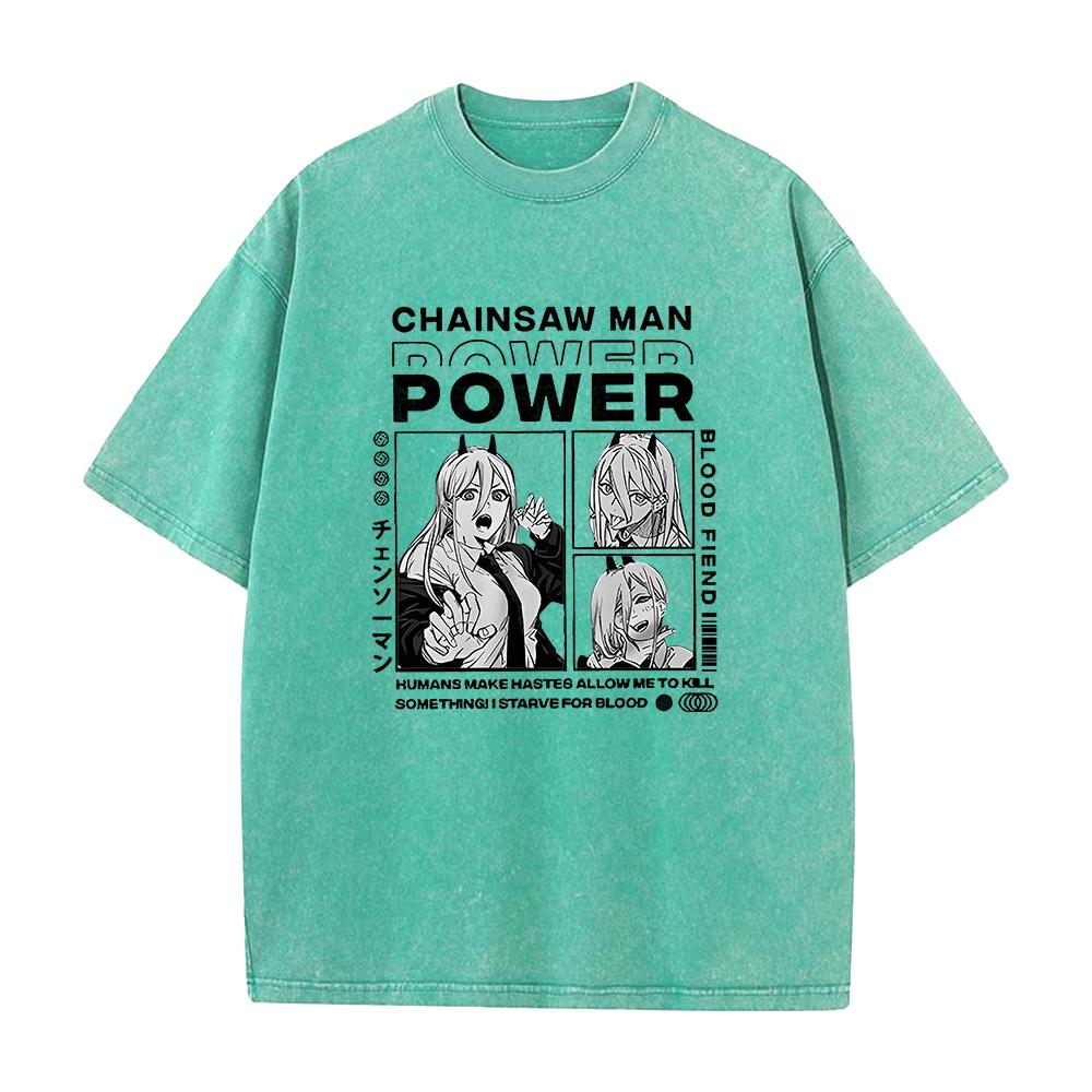 Anime Chainsaw Man Power Print Tee Men Women Plus Size Tshirts Manga Washed Cotton T Shirt Harajuku Unisex Comfortable Tshirt