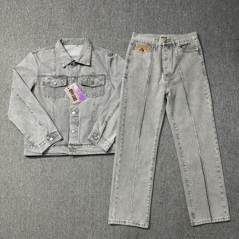 Unisex Streetwear Denim Jacket Set With Embroidered Casual Loose Fit Outerwear