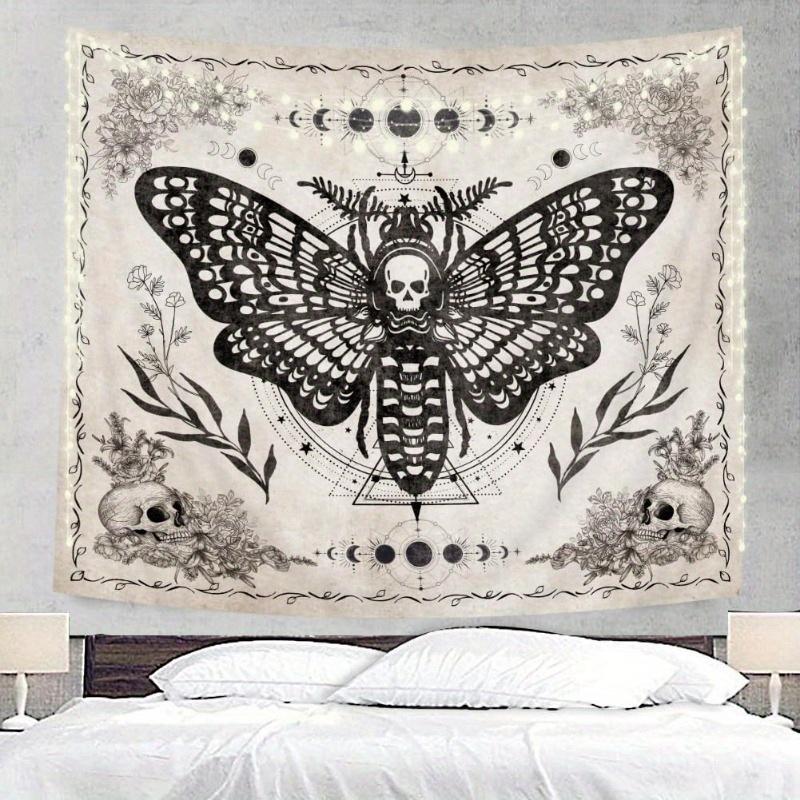 Gothic Moth Halloween Tapestry Skull Floral Pattern Polyester Vintage Witchy Design Wall Decor Bedroom Living Room Art Gift
