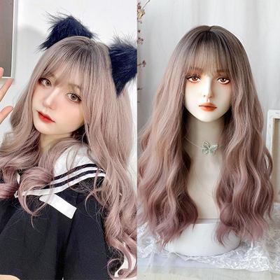 Dlouhé vlnité ombre růžové syntetické paruky s ofinou přirozená vlna pro ženy cosplay přirozená paruka žáruvzdorná