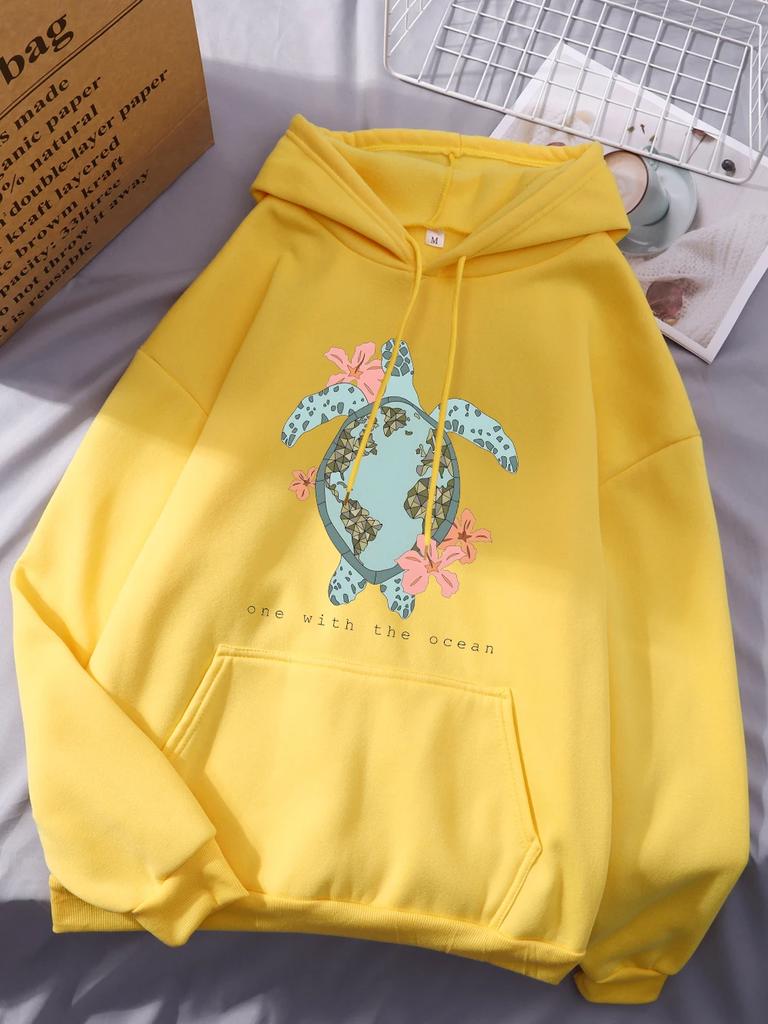 Meeresschildkröte Cartoon Druck Hoodie 2025 Damen Bequeme Sweatshirts Herbst Winter Fleece Oberteile Basics Lässige Damenbekleidung