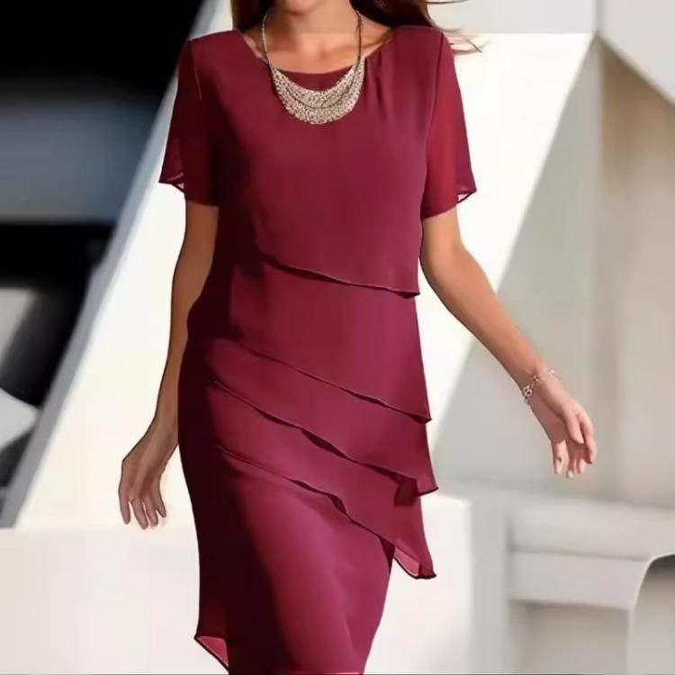 Women's Fashionable Spring Summer Casual Dress Comfortable Round Neck Short Sleeved Solid Color Ruffle Edge Flash New