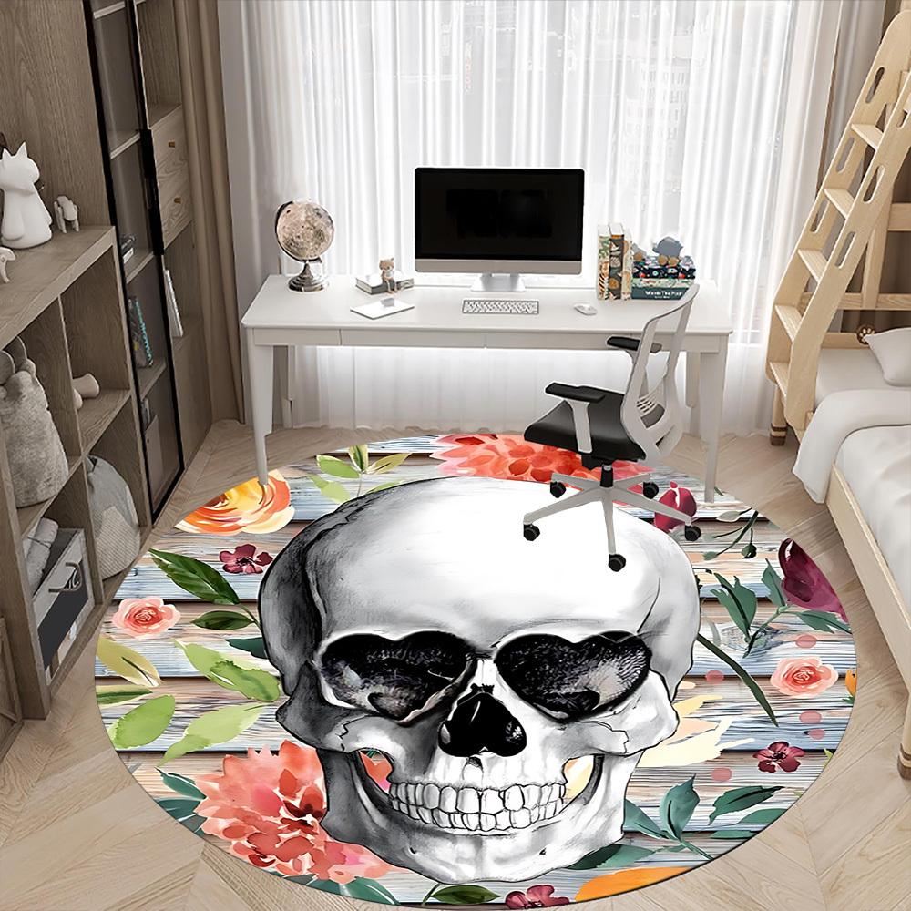 1pc Skull Floral Decor Chair Carpet for Office, Round Polyester Mat, Indoor Decor for Office, Easycare Fabric, Washable Non-slip Area Carpet