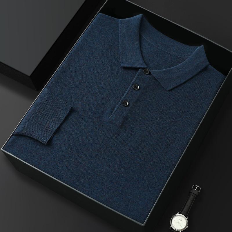 Men's Spring and Autumn Casual Polo Collar Long-sleeved Knit Shirt Solid Color Loose Business Pullover Tops