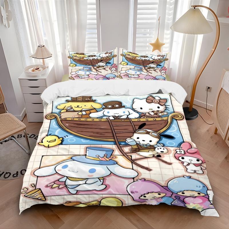 3pcs Pom Pom Purin Cinnamoroll Hello Kitty & Friends Quilt Set - Soft and Comfortable Bedroom, Guest Room and Dorm Decor Bedding Set 1 Quilt