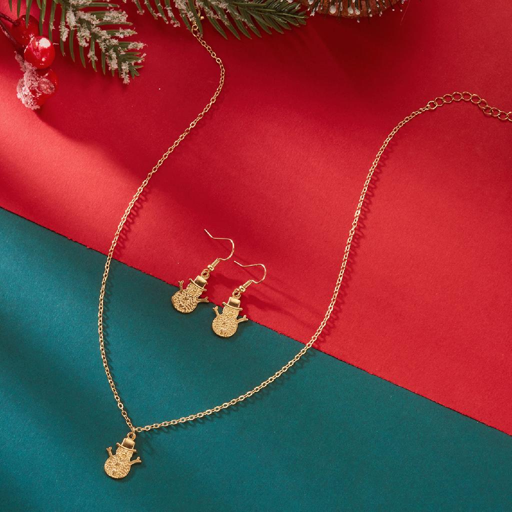 Gold Plated Christmas Necklace Cute Cartoon Tree Snowman Pendant Necklace Earring Set For Women Xmas Party Jewelry Gift