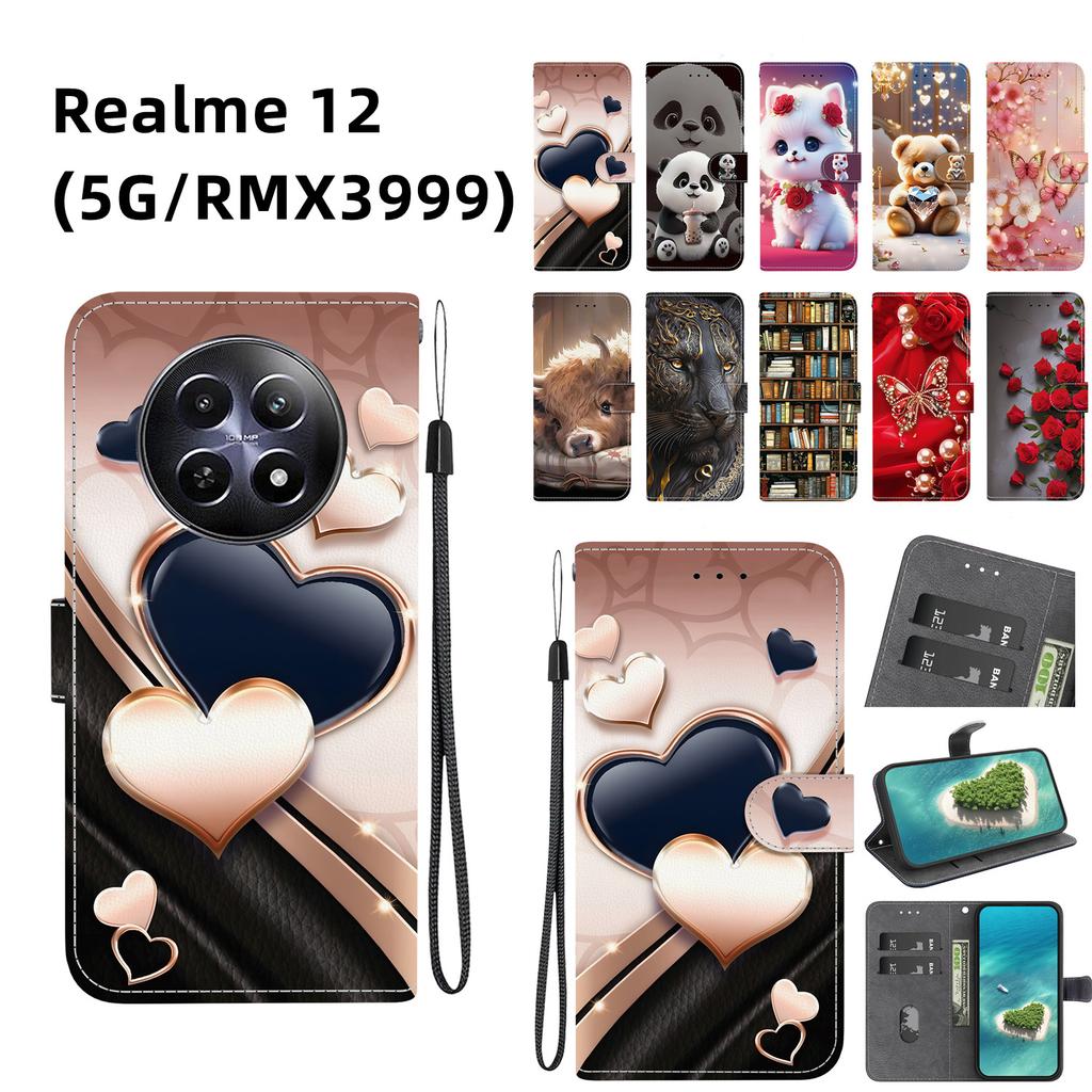 Handmade PU Leather Flip Case for Realme 12 (5G/RMX3999) Anti-Slip Shockproof Cover with Wrist Strap & Heart/Rose Cat Designs