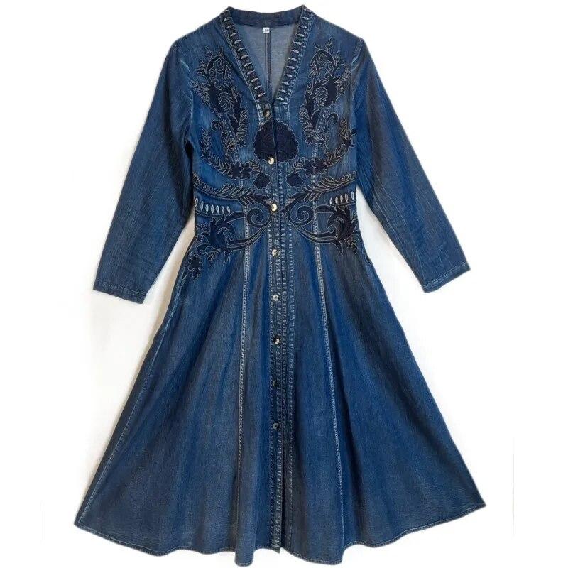 Johnature Woman Spring Chinese Style Long Sleeves Vintage Single Breasted Dress Cotton Embroidery V-Neck Dress