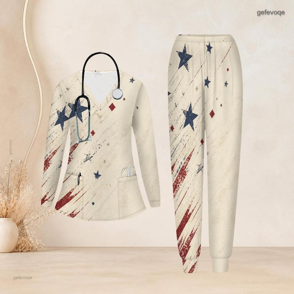 Women Plus Size V Neck Long Sleeve Scrub Set Pink Crystal Diamond Heart Glitter Print Nurse Uniform Set