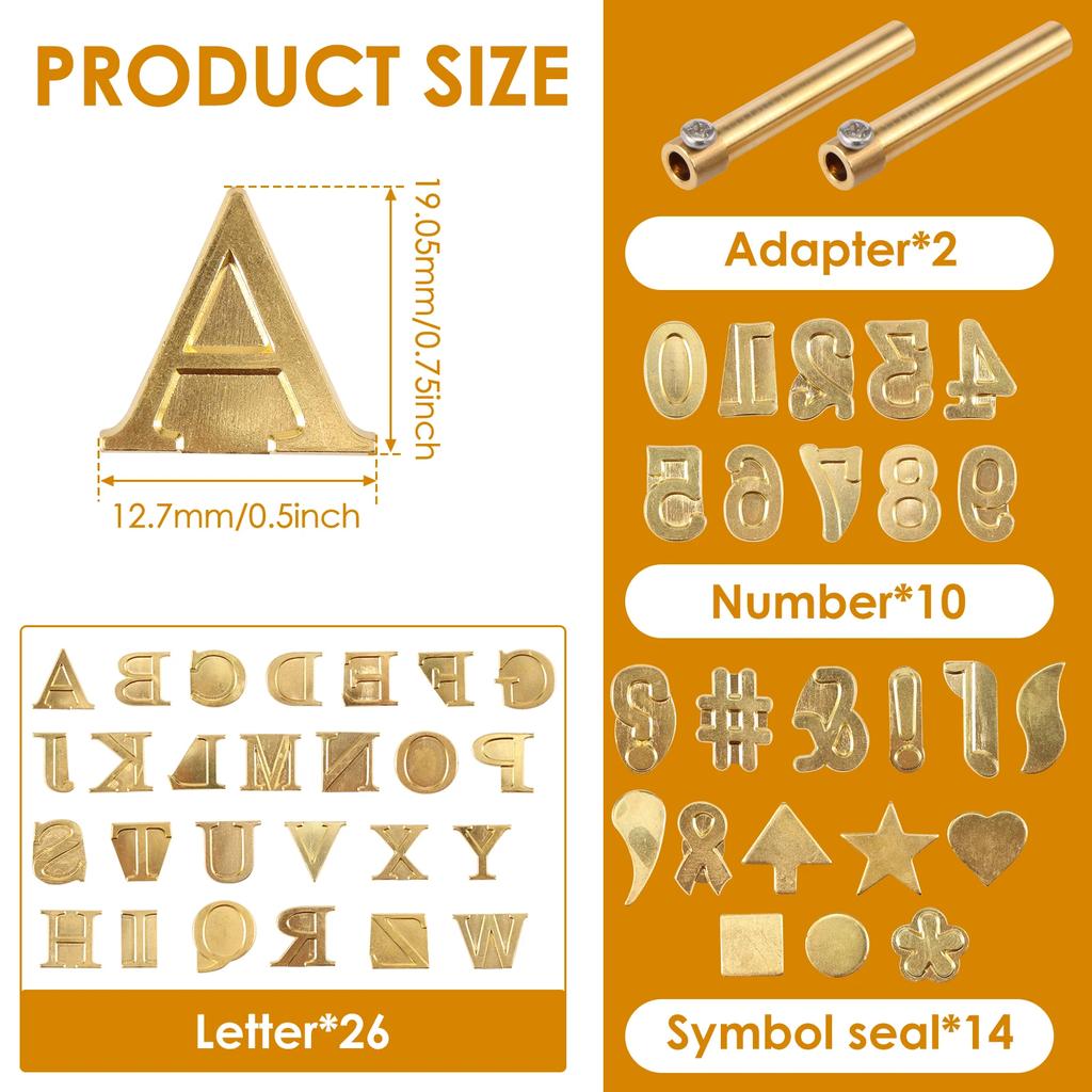 52Pcs Wood Burning Tip Set Letter Wood Burning Tool Brass Alphabet Number Template Symbol Pyrography Head Tools