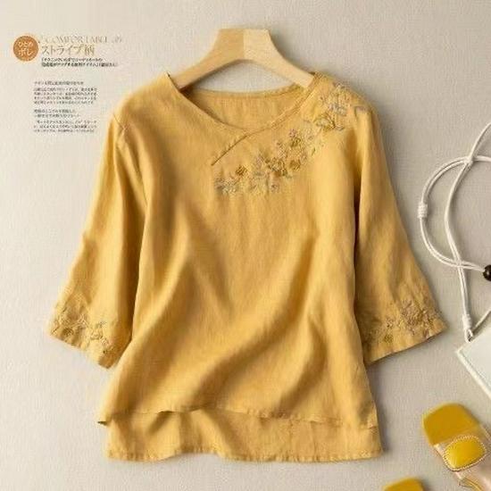 Women's Cotton Linen Embroidered Retro Shirt, Seven-Sleeve with Frog Button, Loose Plus Size Summer Top