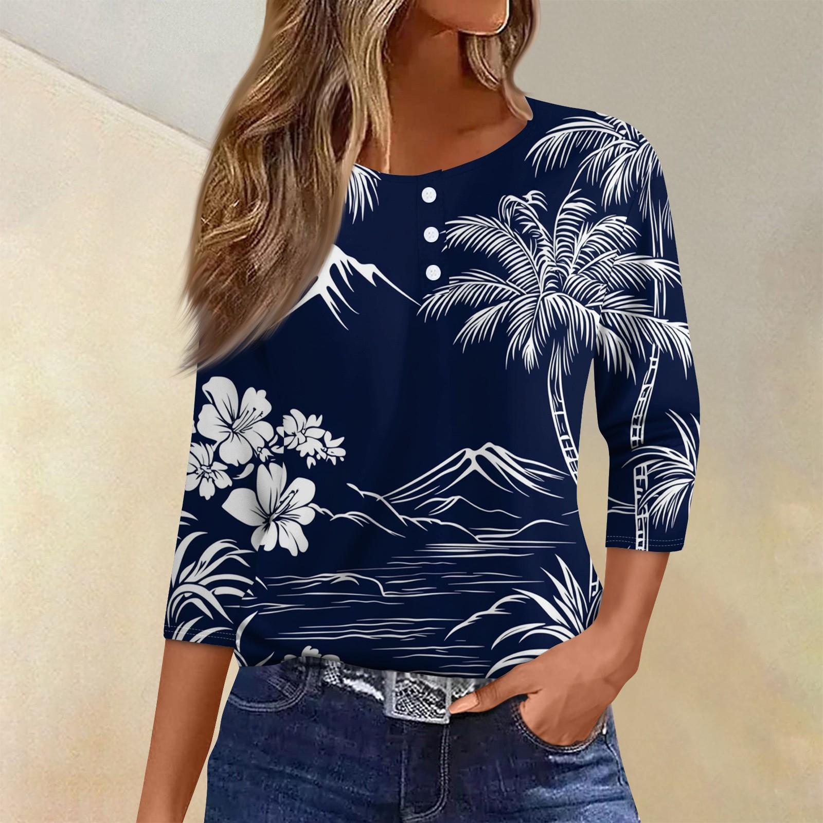 

Жен. Футболка Футболка С принтом Пуговицы Рукав 3/4Ежедневно Выходные Мода Классический Топ с v-образным вырезом Обычный M тёмно-синий