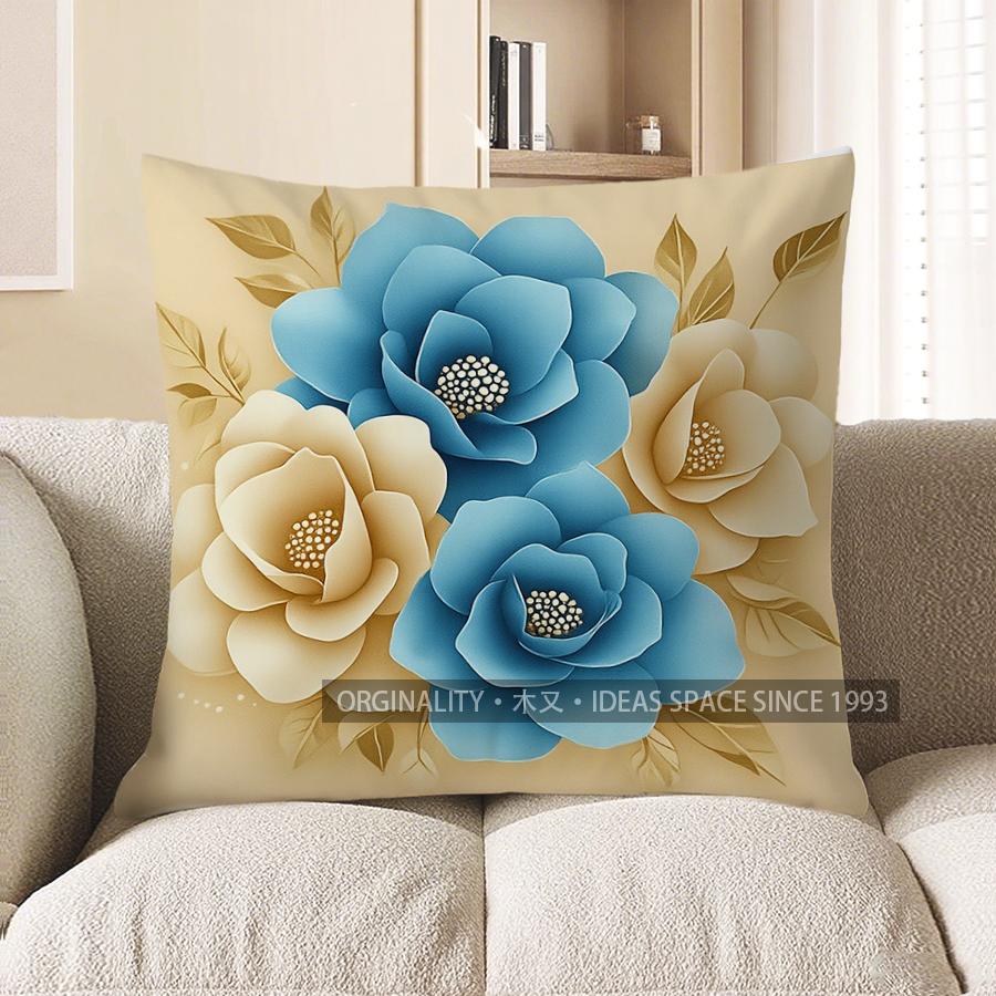 Home Decor Blue & Cream Floral Patterned Decorative Pillow Pattern Cushion Cover Suitable For Sofa Bedroom Car Pillow Cover