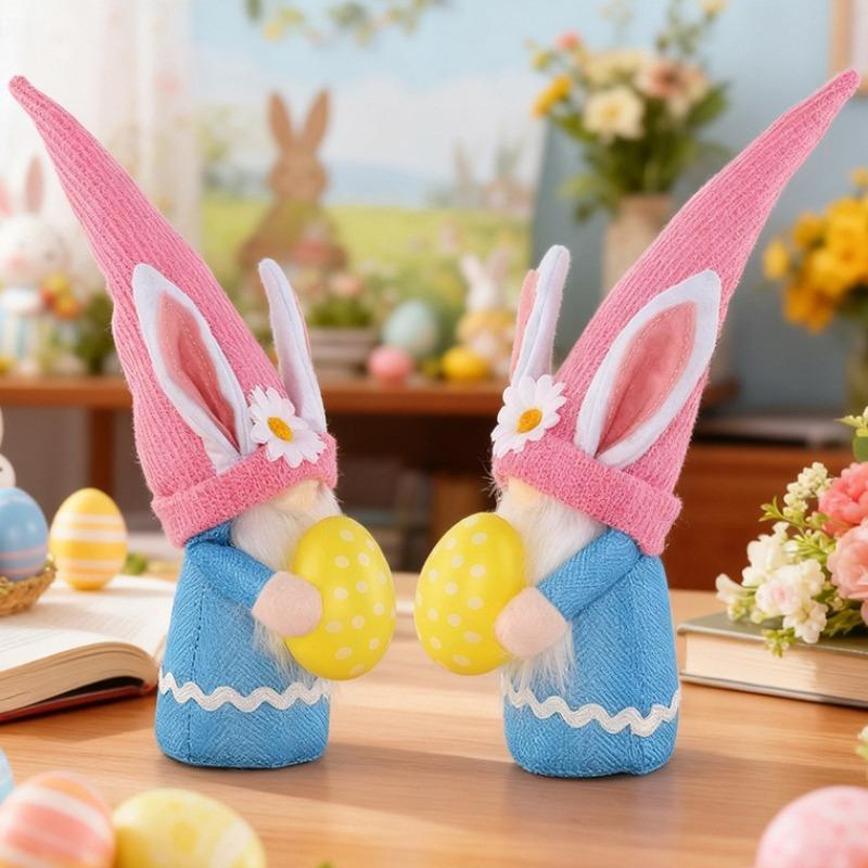 Easter Bunny Holding Egg Plush Figurine Faceless Elder Gnome Doll Ornament for Home Party Holiday DIY Decor Great Gift Idea