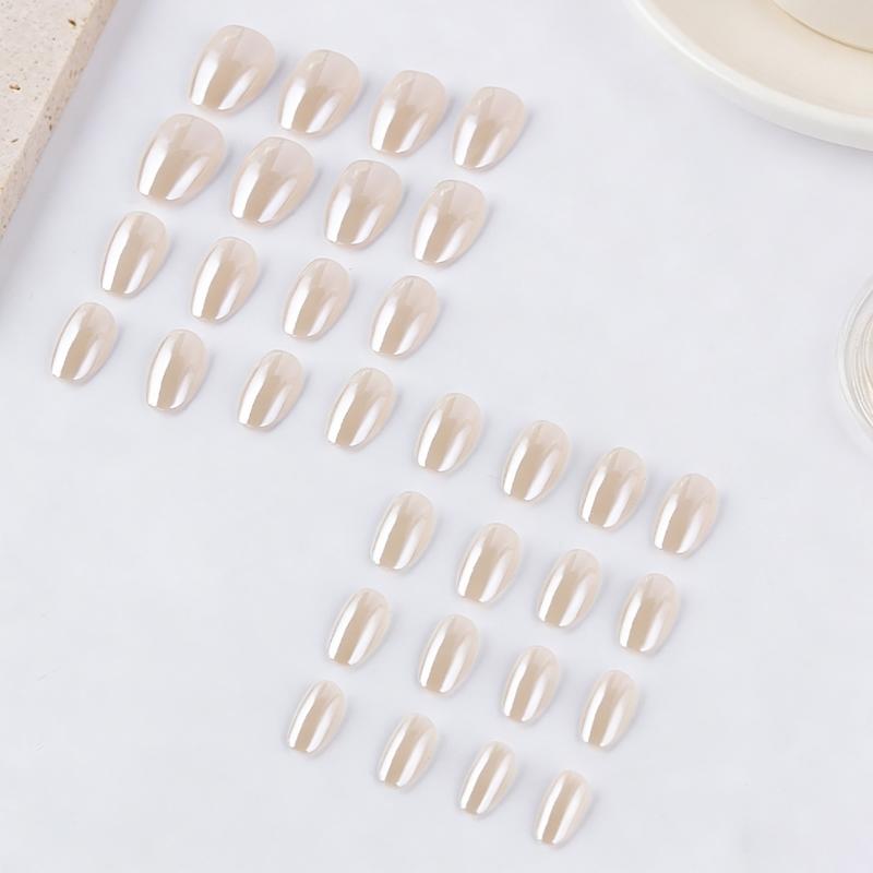 Confezione da 32 Unghie Finte Ovale Corte Colore Nudo Crema Materiale ABS Galvanizzato Unghie Press-On Eleganti e Resistenti