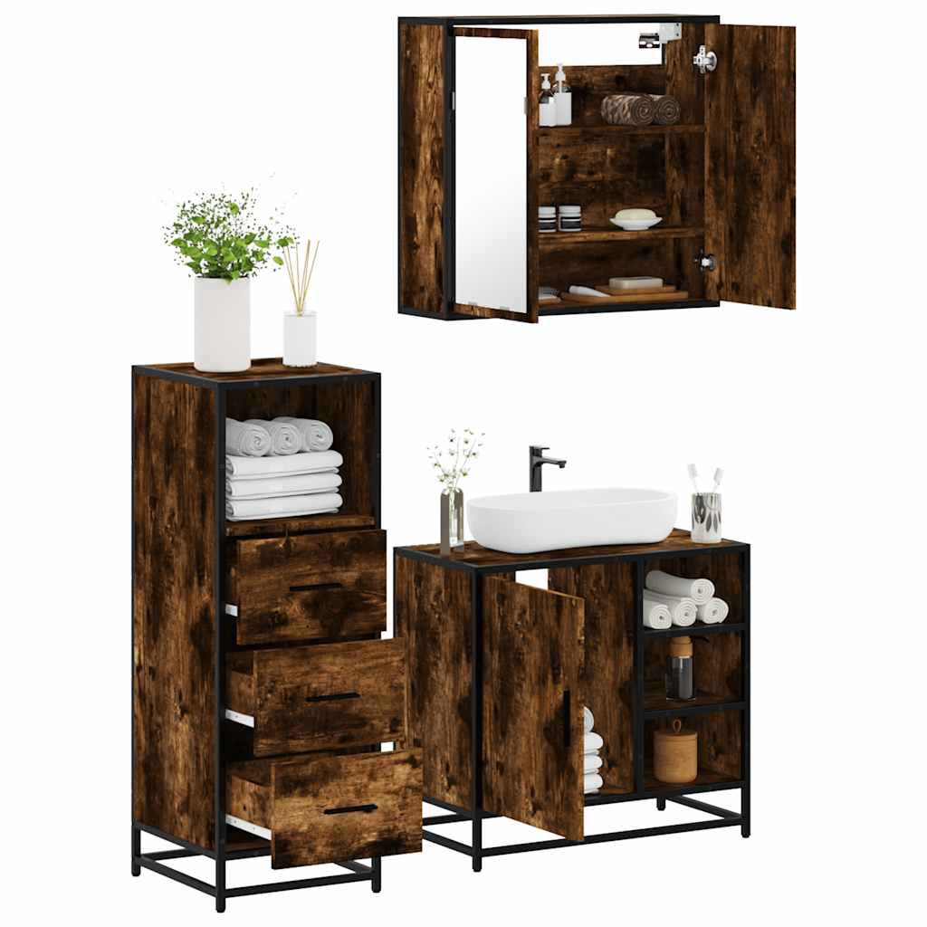 3 Piece Bathroom Furniture Set Smoked Oak Wood Based Material