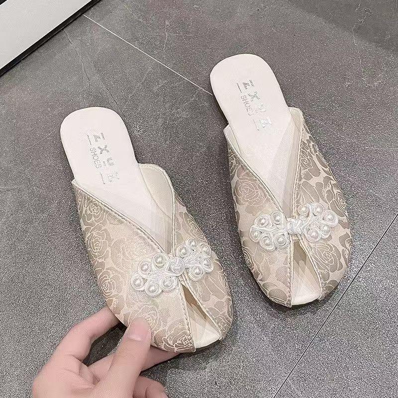 

French bag head half slippers female summer wear lace mesh fish mouth muller shoes fairy bow premium sandals 40