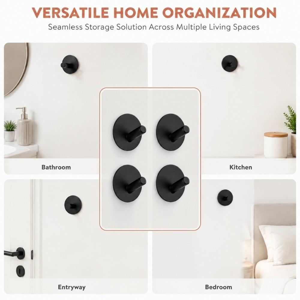 4 PCS Silver Black Stainless Steel Hook Sticky Backing Towel Hook Adhesive Hook Wall Mount